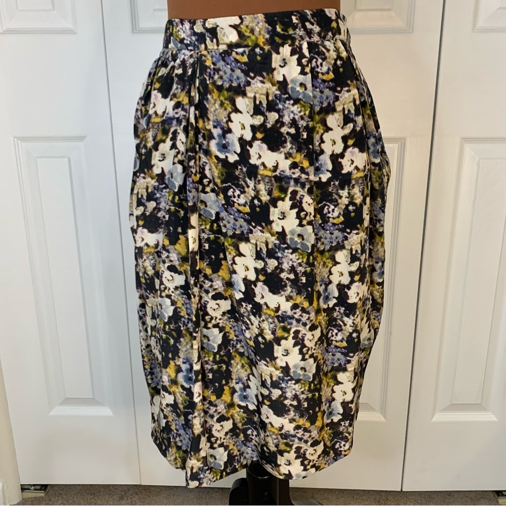 Megan Park Sz2 100% silk blue/yellow/black/white floral midi skirt